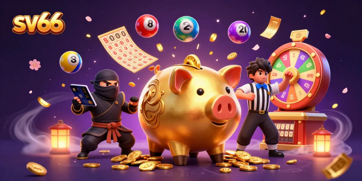 Witness sv66's vibrant gaming world with a golden piggy bank sumo wrestler and dynamic lottery elements.