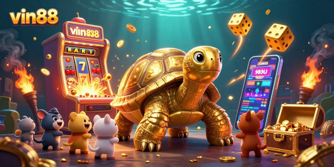 Experience thrilling gameplay with vin88 as a golden tortoise delivers casino excitement in a lively scene.
