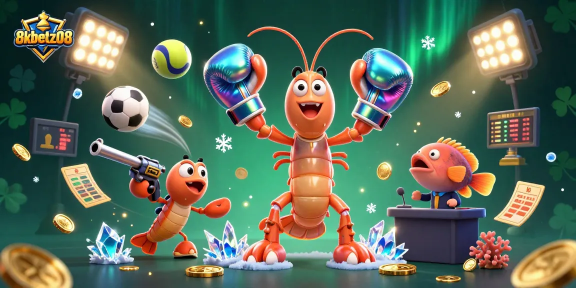 8xbetz08's dynamic 3D illustration showcases a boxing mantis shrimp, sports elements, and energetic lights.