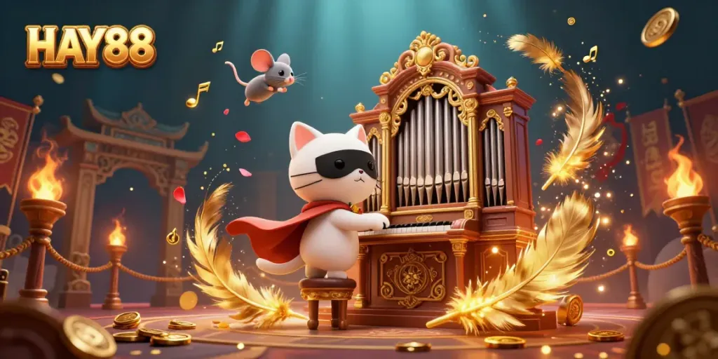 Experience the enchanting HAY88 casino adventure with a phantom cat at the organ surrounded by gaming elements.