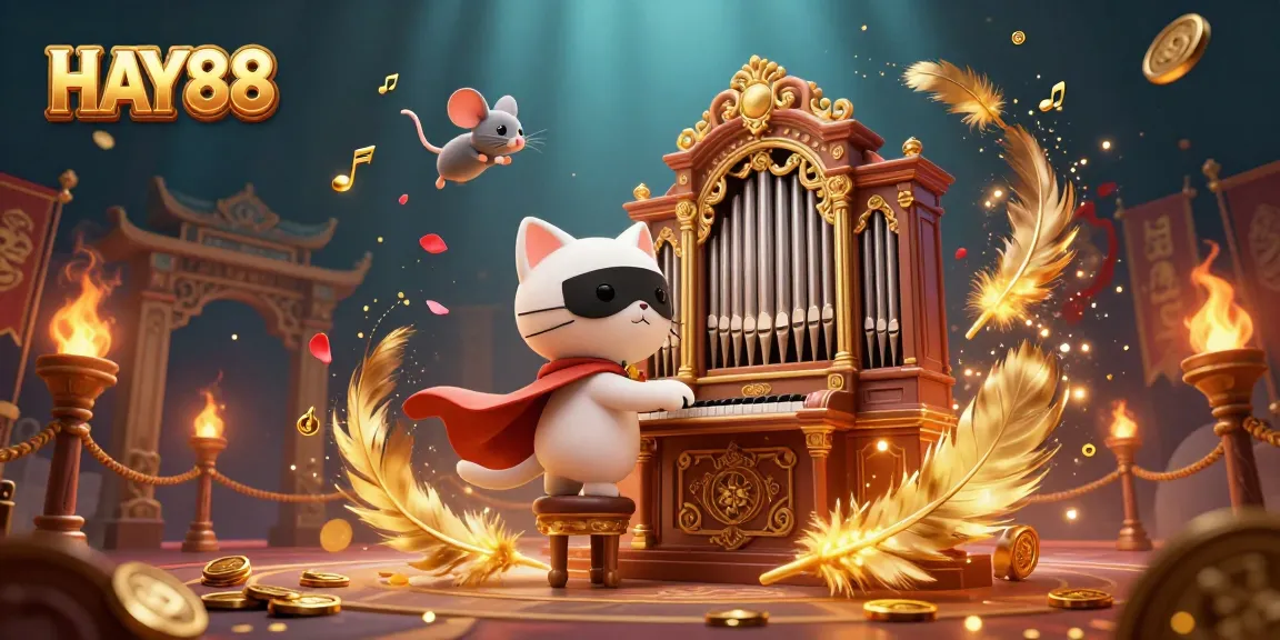 Experience the enchanting HAY88 casino adventure with a phantom cat at the organ surrounded by gaming elements.