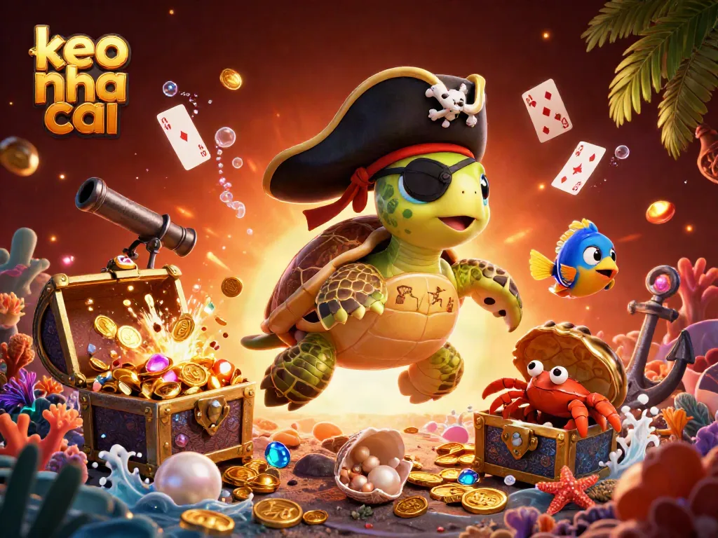 Bet on keo nha cai with a vivid illustration featuring a pirate turtle, crab, and parrotfish amidst treasure.