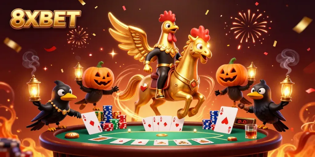 Experience the excitement of 8XBET with a golden rooster riding a spectral horse in a vibrant casino scene.