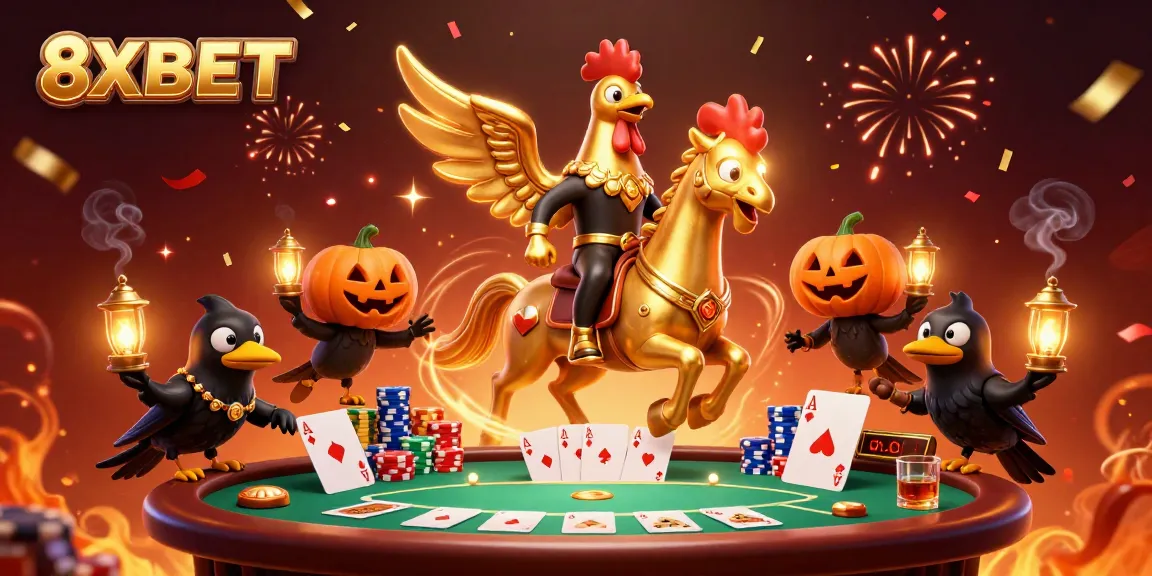 Experience the excitement of 8XBET with a golden rooster riding a spectral horse in a vibrant casino scene.