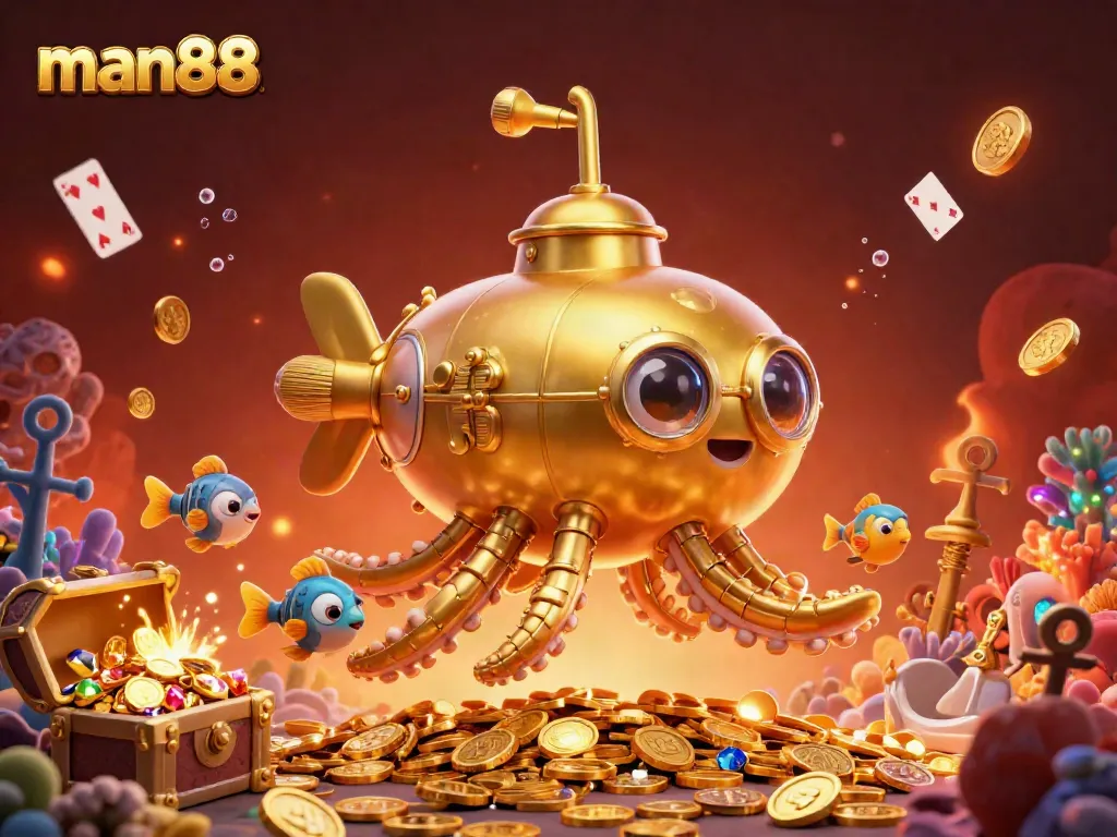 Experience the thrill of man88 in a vibrant underwater casino scene packed with treasures.
