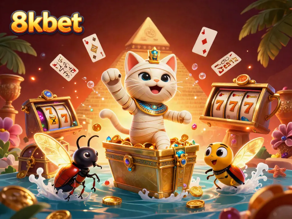 Experience excitement at 8kbet with a lively Egyptian-themed casino scene featuring vibrant characters and gaming elements.