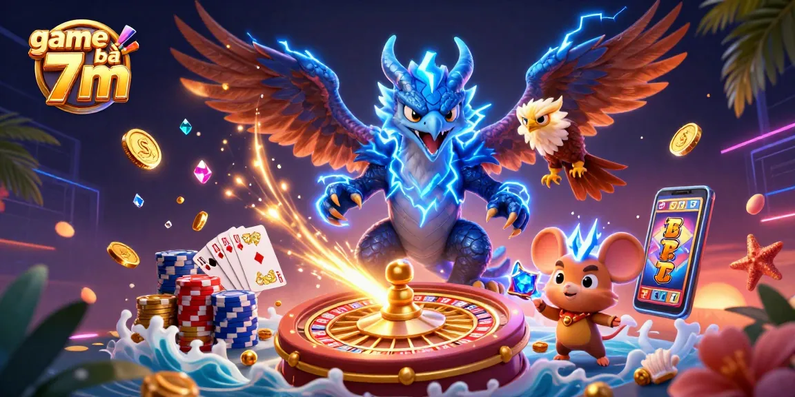 Experience thrilling action with game bài 7m in this vibrant 3D casino illustration featuring dynamic characters and casino elements.