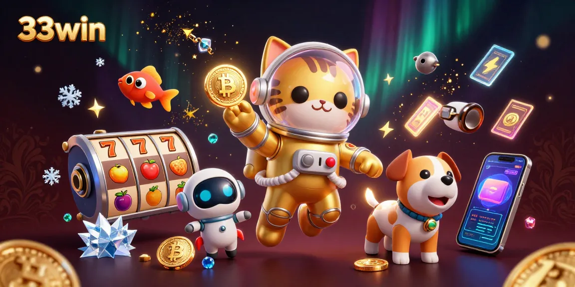 Experience thrilling online gaming with 33win in this vibrant 3D illustration showcasing jackpots and excitement.