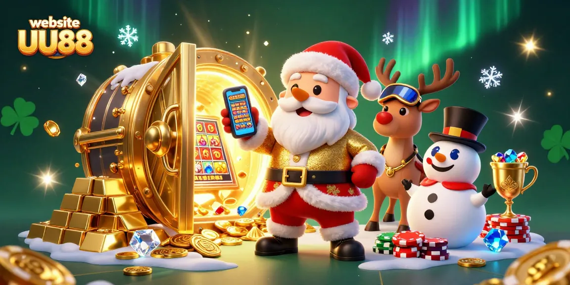 Jackpot excitement at website UU88 in a festive casino illustration featuring Santa and friends.