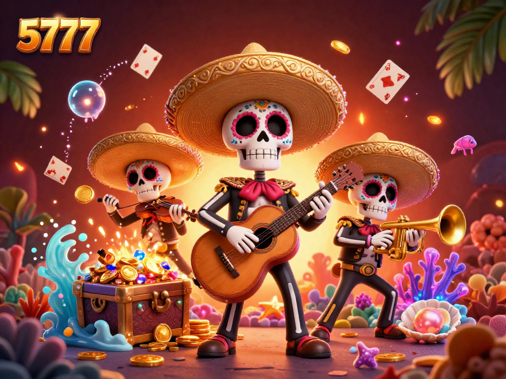 Experience thrilling gameplay at 5777, vibrant skeleton mariachi band celebrates winnings among casino treasures.