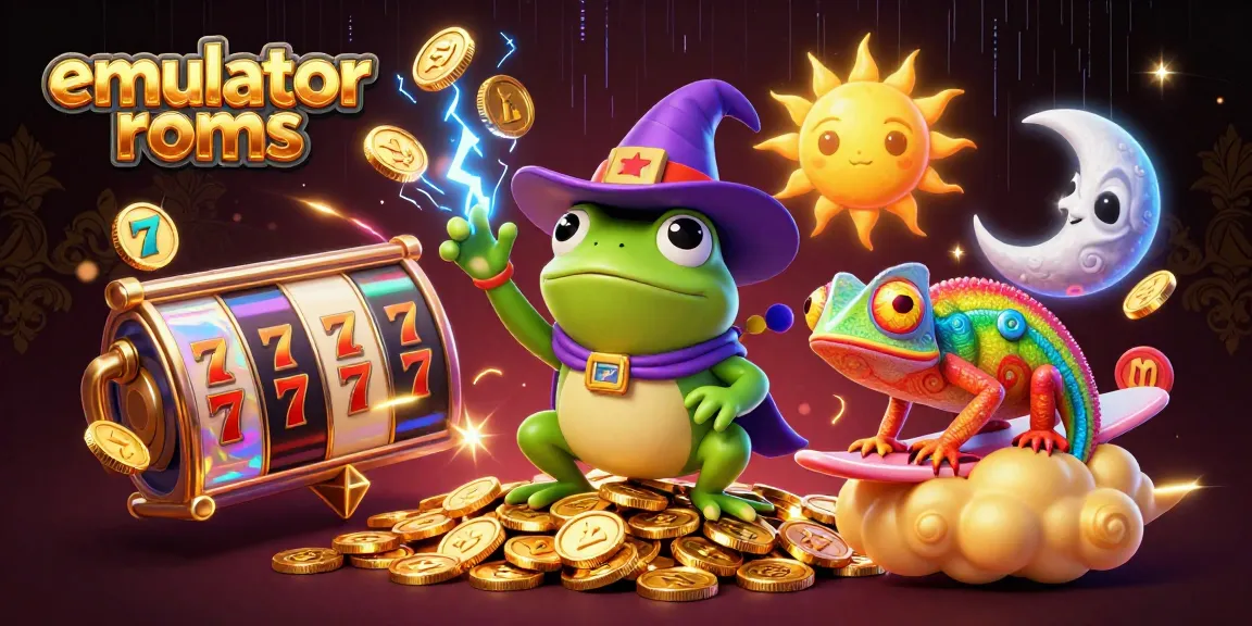 Experience vibrant casino energy with emulator roms featuring a lively wizard frog and chameleon creating gold.