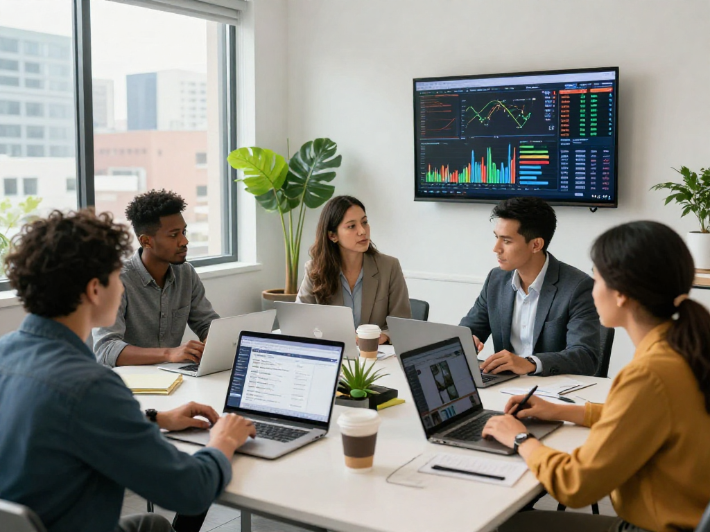 Real estate agents discussing IDXSTAR listings in a modern office setting with vibrant visuals.