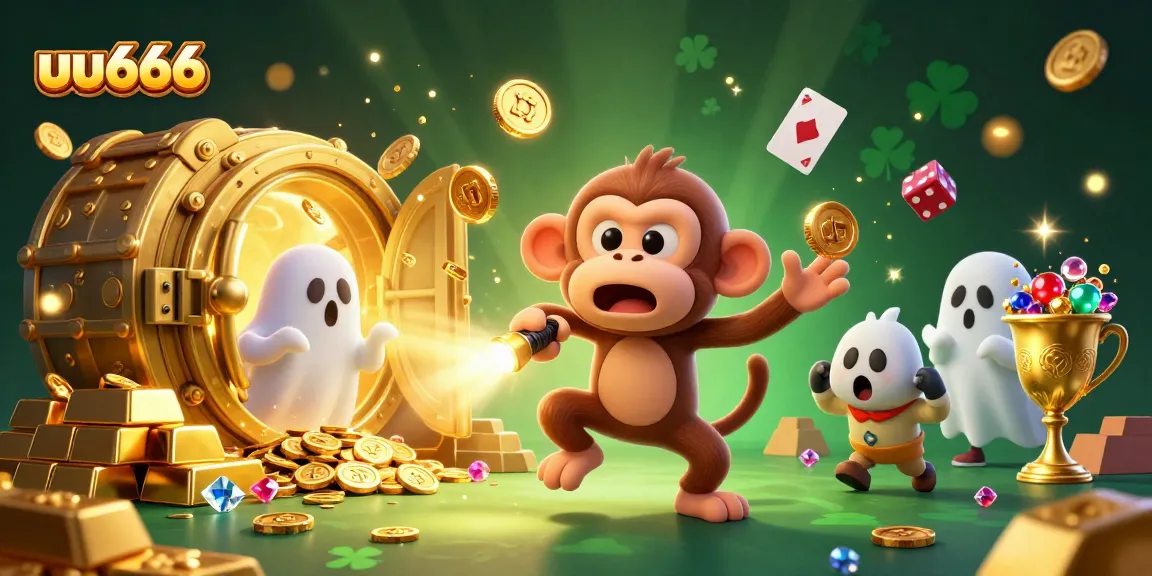 uu666 showcases a lively casino scene with gold treasures and playful ghostly characters in action.