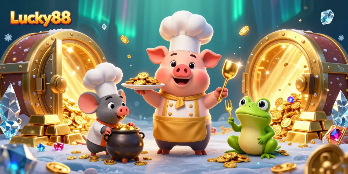 Experience the excitement of Lucky88 as chef pig serves gold coins in a vibrant casino scene.