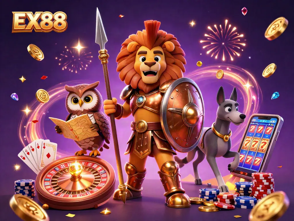 EX88 showcases a heroic lion, owl strategist, and greyhound in a vibrant casino scene filled with coins and cards.