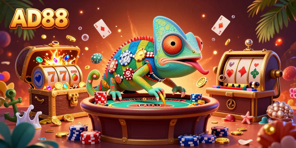 Experience a vibrant casino scene with AD88’s chameleon owner capturing golden coins and players enjoying slot games.