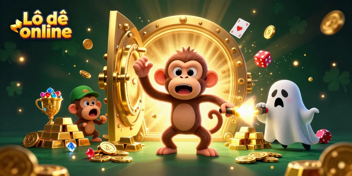 Play Lô đề online with a mischievous monkey ghost juggling gold while a curious puppy tracks it in an immersive casino.