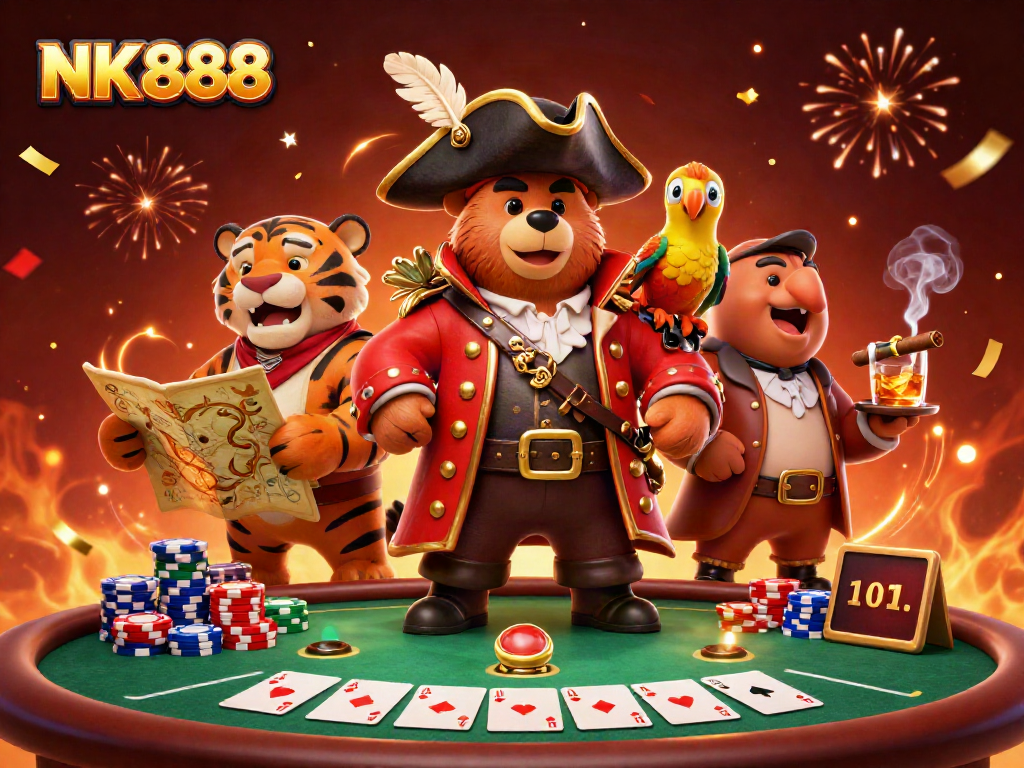 Engage with NK888 casino thrills featuring a pirate bear, tiger, and parrot amidst dynamic poker action.