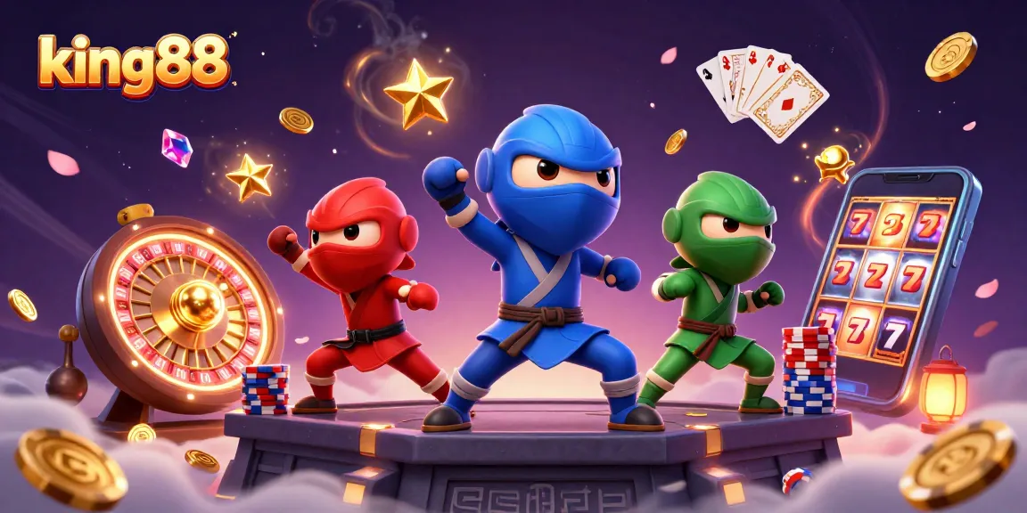 king88 chameleon ninjas performing in a vibrant casino scene surrounded by gold coins and cards.
