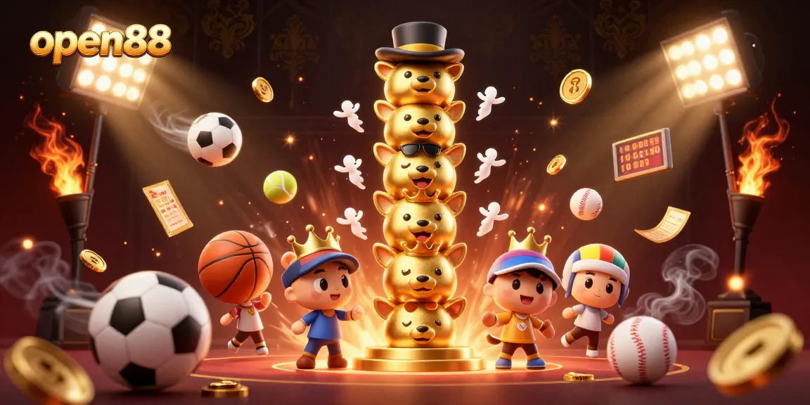 Experience the excitement of open88 with vibrant 3D casino elements in a dynamic scene filled with sports balls and wacky totem characters.
