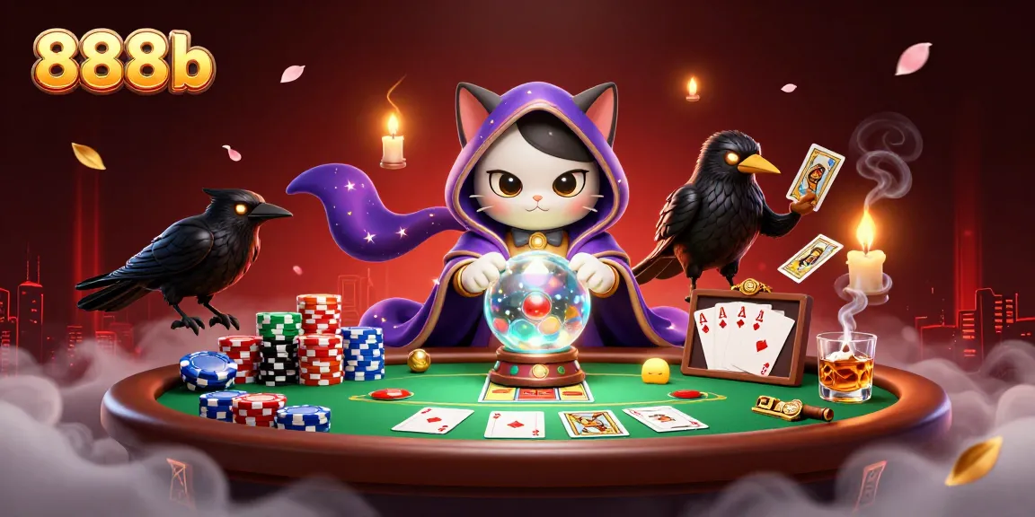 Experience the thrill of 888b with a mystical cat and raven in a vibrant casino scene.