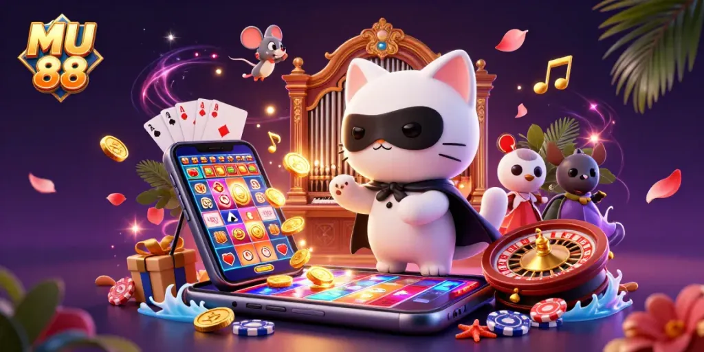 Experience thrilling slots and games with MU 88 in this vibrant 3D casino illustration.