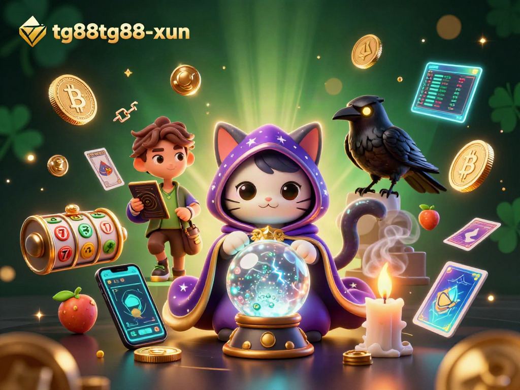 Engaging tg88tg88-xun scene showcasing a mystical fortune teller cat and raven amidst vibrant slot-themed elements.