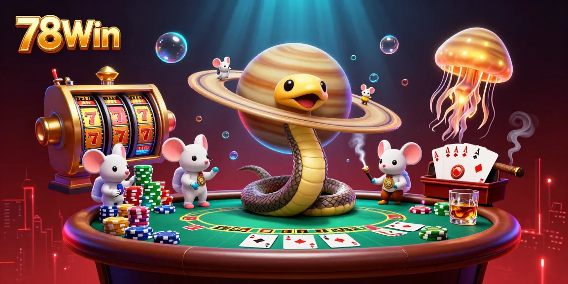 78Win showcases a vibrant 3D casino scene with a Saturn ring snake and astronaut mice betting on a cosmic roulette wheel.