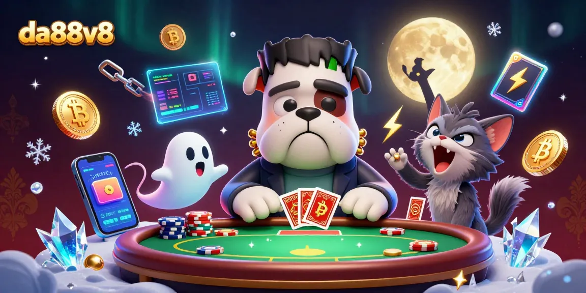 Engage in thrilling poker with da88v8's vibrant cartoon scene featuring unique characters and crypto elements.