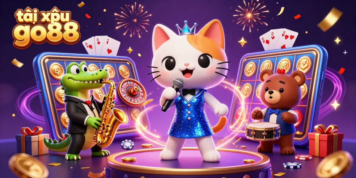 Tài xỉu go88 enchanting scene with a singing cat and friends amidst vibrant casino action