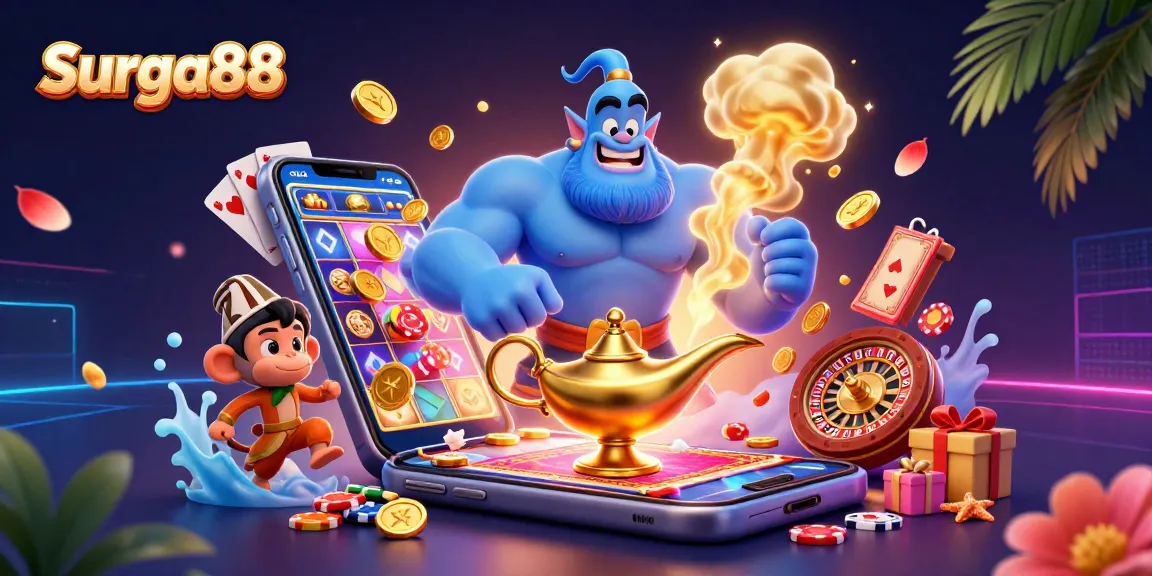 Experience the thrill of Surga88 with dynamic casino visuals, showcasing a genie and poker chips.