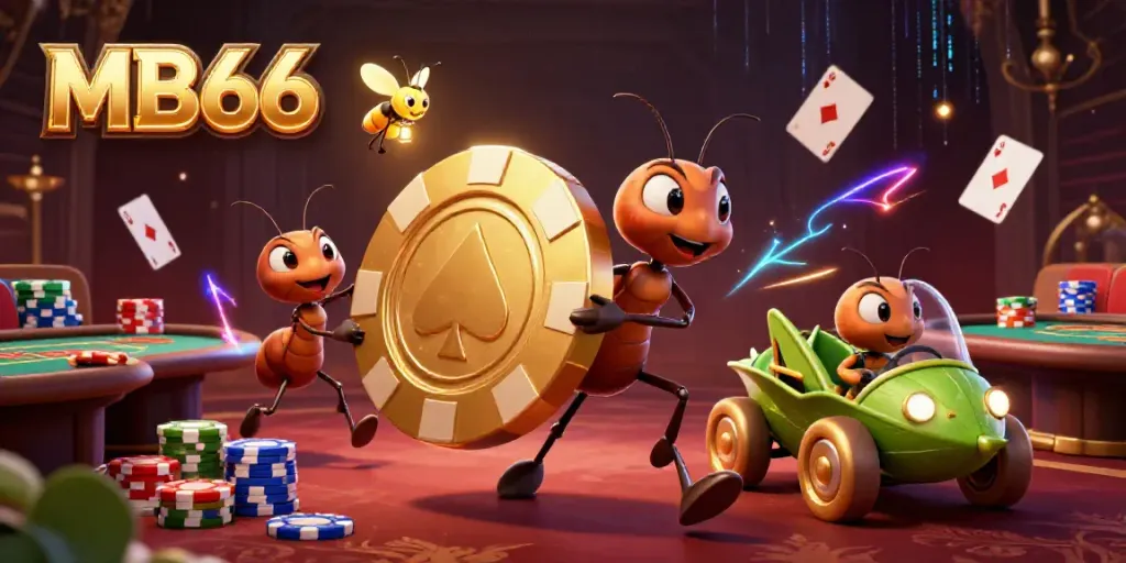 Engaging scene of MB66 heist with cartoon ants stealing a giant poker chip amidst casino elements.