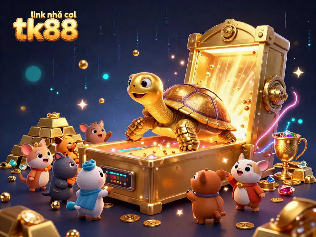 Experience fun gaming with TK88's link nhà cái tk88, featuring a colossal golden tortoise and dazzling treasures.