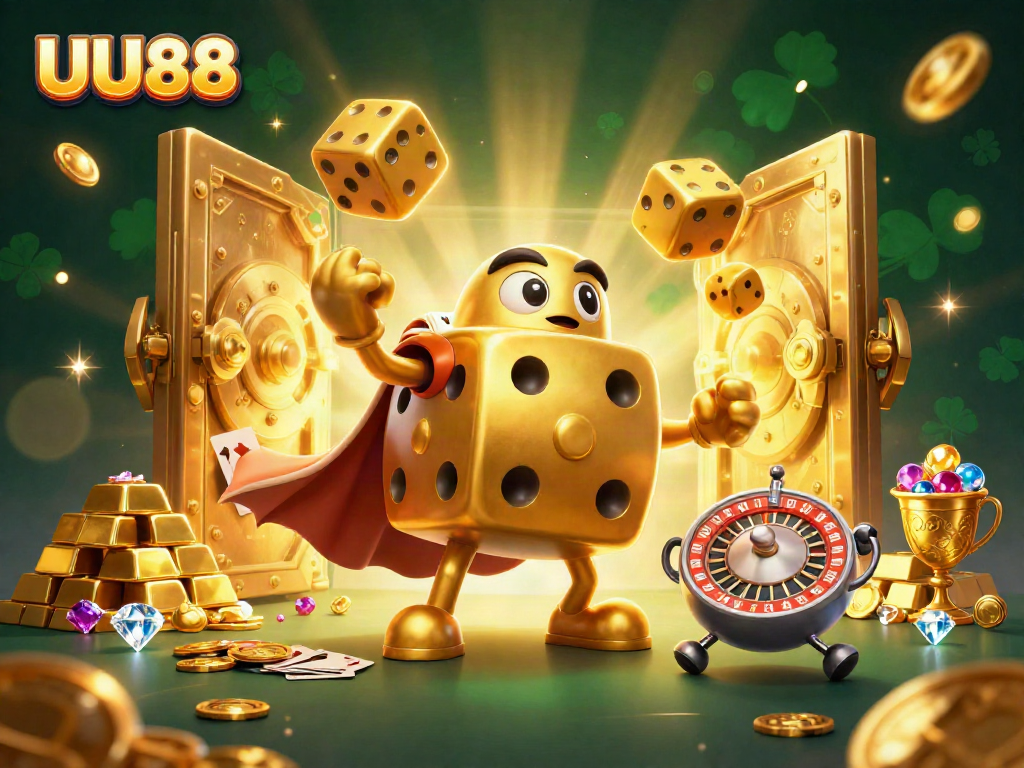 Experience the thrill of UU88 with a dazzling golden dice golem and classic casino elements.
