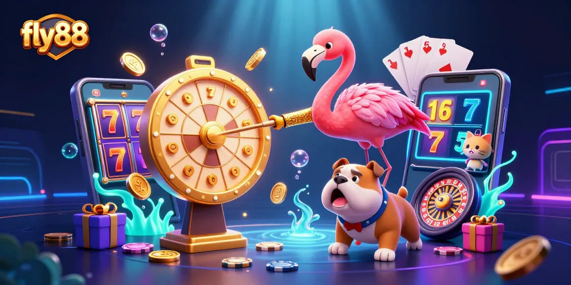 Engage with fly88's exciting gaming experience featuring colorful slot elements, golden coins, and vibrant characters.