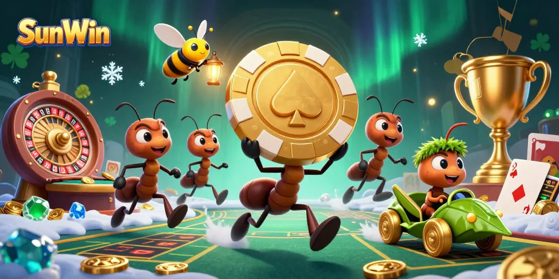 Win big with SunWin as ants carry a giant poker chip through a vibrant casino scene.