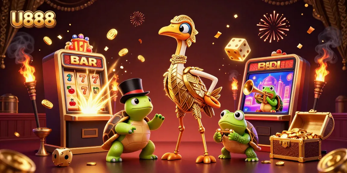 Experience thrilling slots action with U888 at a vibrant casino scene filled with golden prizes.