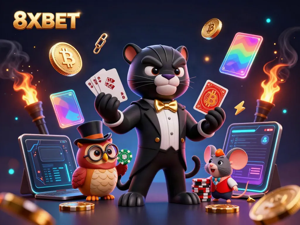 Engage in thrilling gameplay with 8XBET, showcasing a stylish panther dealer, an owl with poker chips, and vibrant crypto elements.