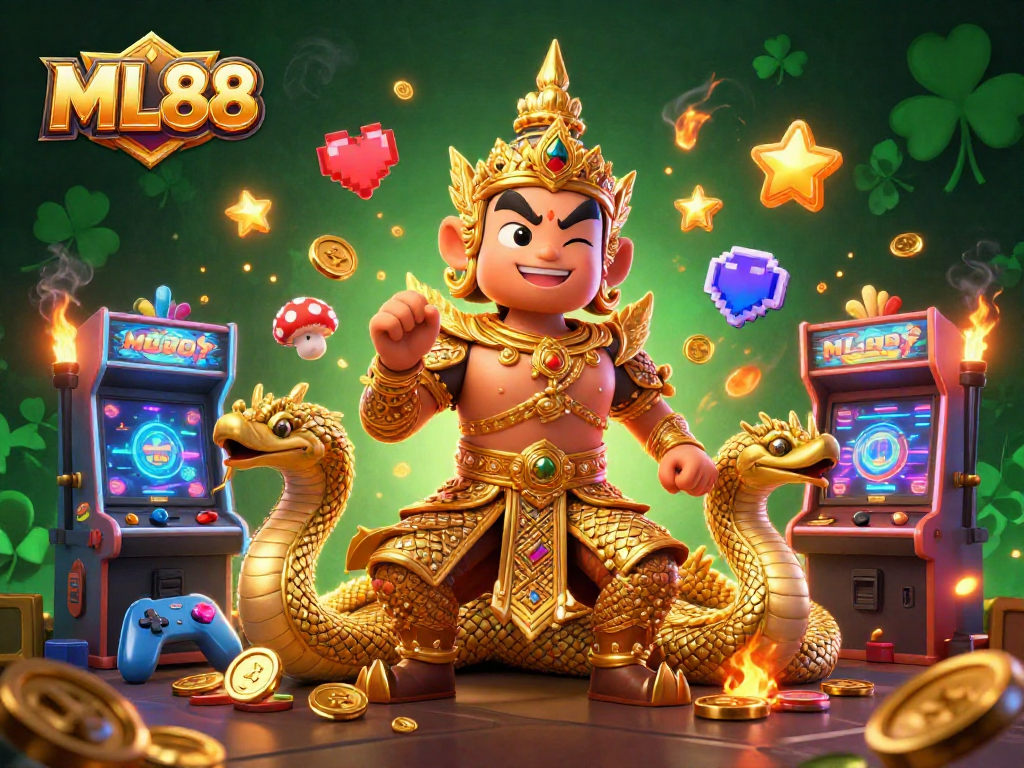 Experience the vibrant ML88 gaming scene with charming characters and colorful arcade elements.