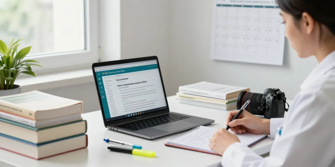 DHA pharmacist exam study session with resources and notes in a focused pharmacy workspace.