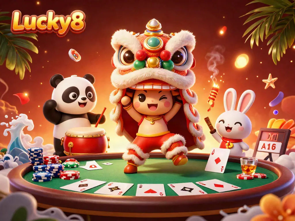 Experience the excitement of Lucky8 with a vibrant 3D casino scene filled with poker action.