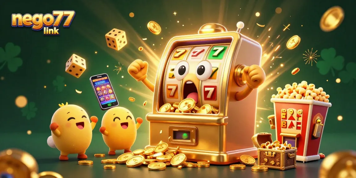Experience excitement with the nego77 link as golden slot machines celebrate a jackpot amidst colorful casino elements.