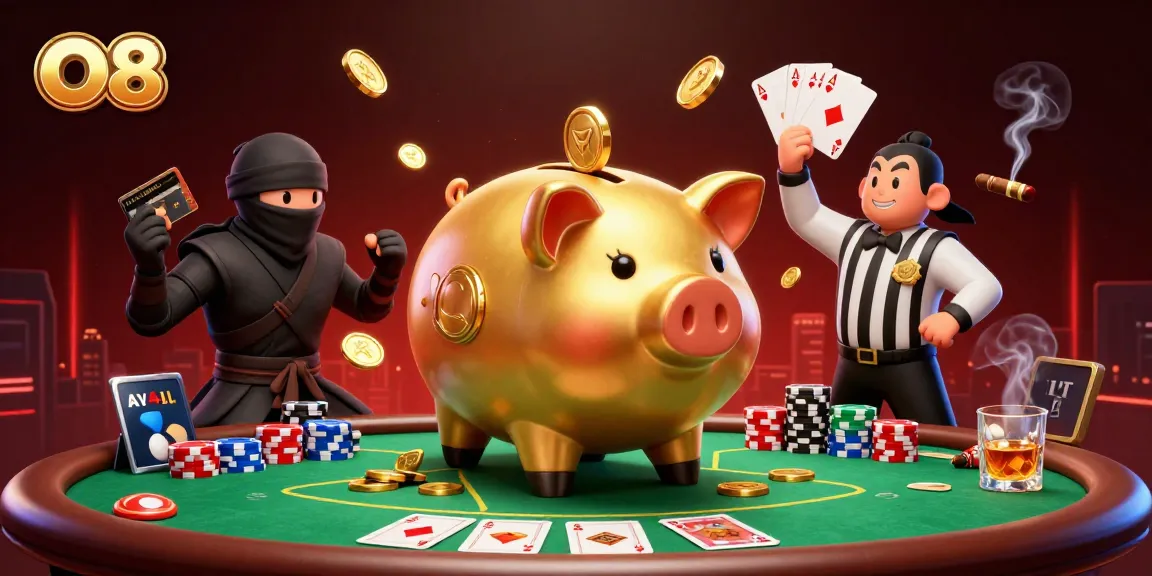 O8 features a lively casino scene with a golden sumo wrestler, vibrant poker chips, and dynamic game elements.