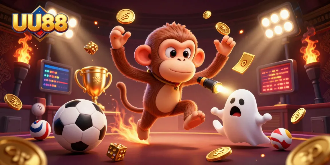 Experience thrilling online gambling with UU88 featuring a playful monkey and a brave puppy in an energetic casino setting.