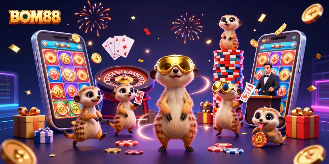 BOM88 brings excitement with meerkats managing a vibrant casino, showcasing thrilling games and energetic atmosphere.