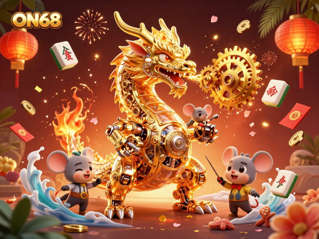 Experience the thrill of gaming action at ON68 with stunning visuals featuring a biomechanical dragon and vibrant casino elements.