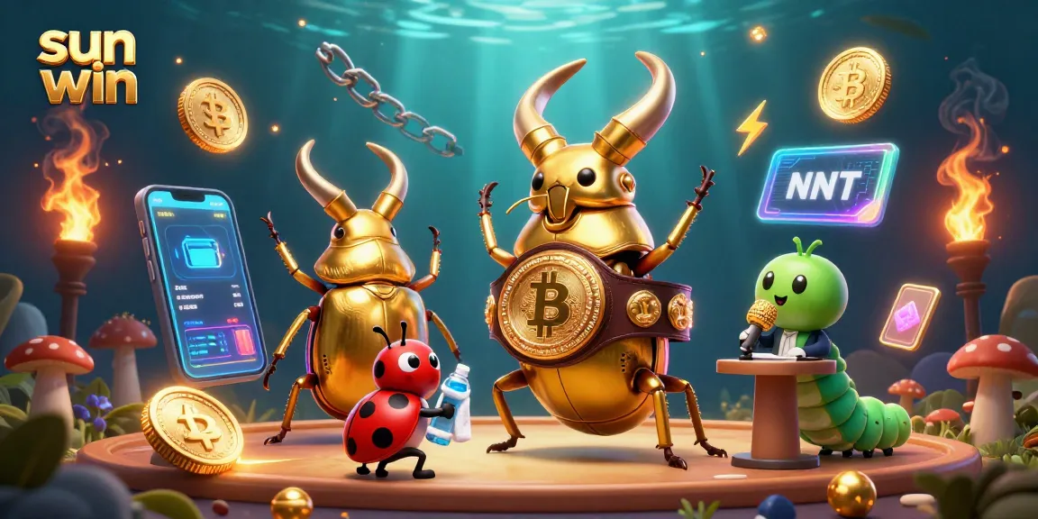 Engage in thrilling gambling with sun win as the golden stag beetle faces off, surrounded by vibrant crypto elements.