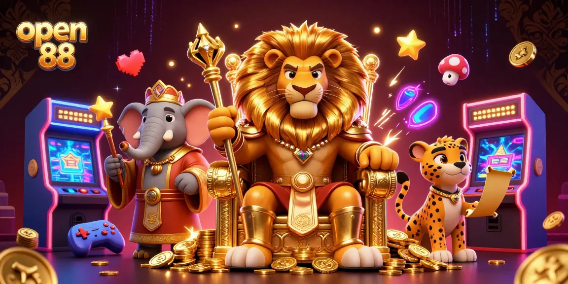 Engage in the excitement of open 88 with vibrant 3D casino illustration featuring a lion king, elephant advisor, and cheetah messenger.