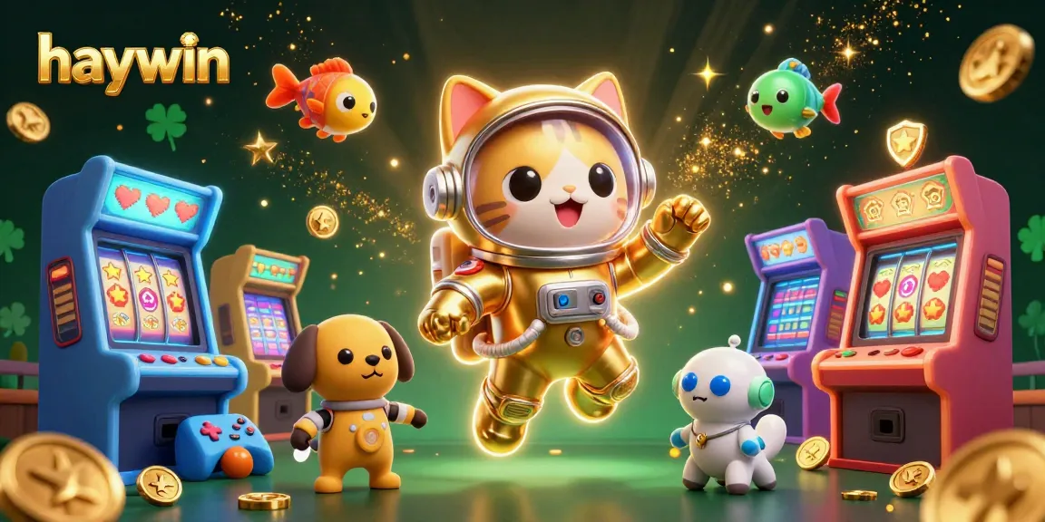 Join the excitement at haywin with an astronaut cat and robot dog in a vibrant casino world.