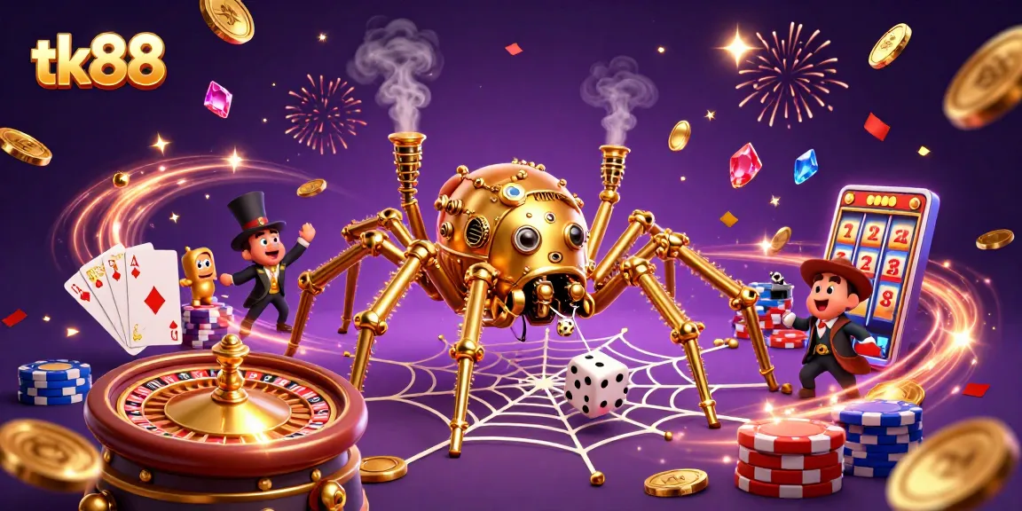 Experience thrilling wins at tk88 with a vibrant 3D casino scene filled with golden coins, poker chips, and exciting game elements.